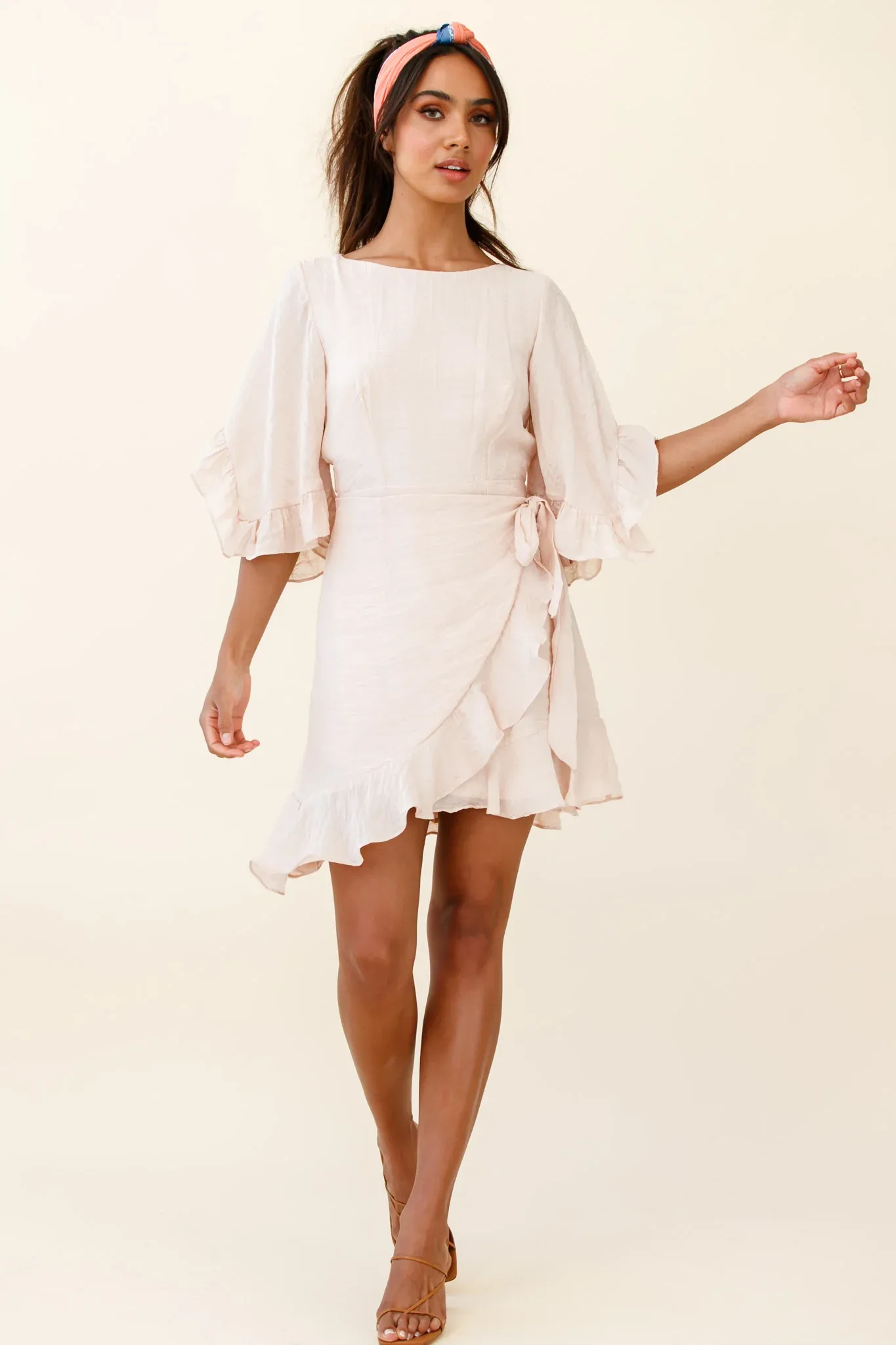 Make It Happen Flared Sleeve Ruffle Trim Dress Beige