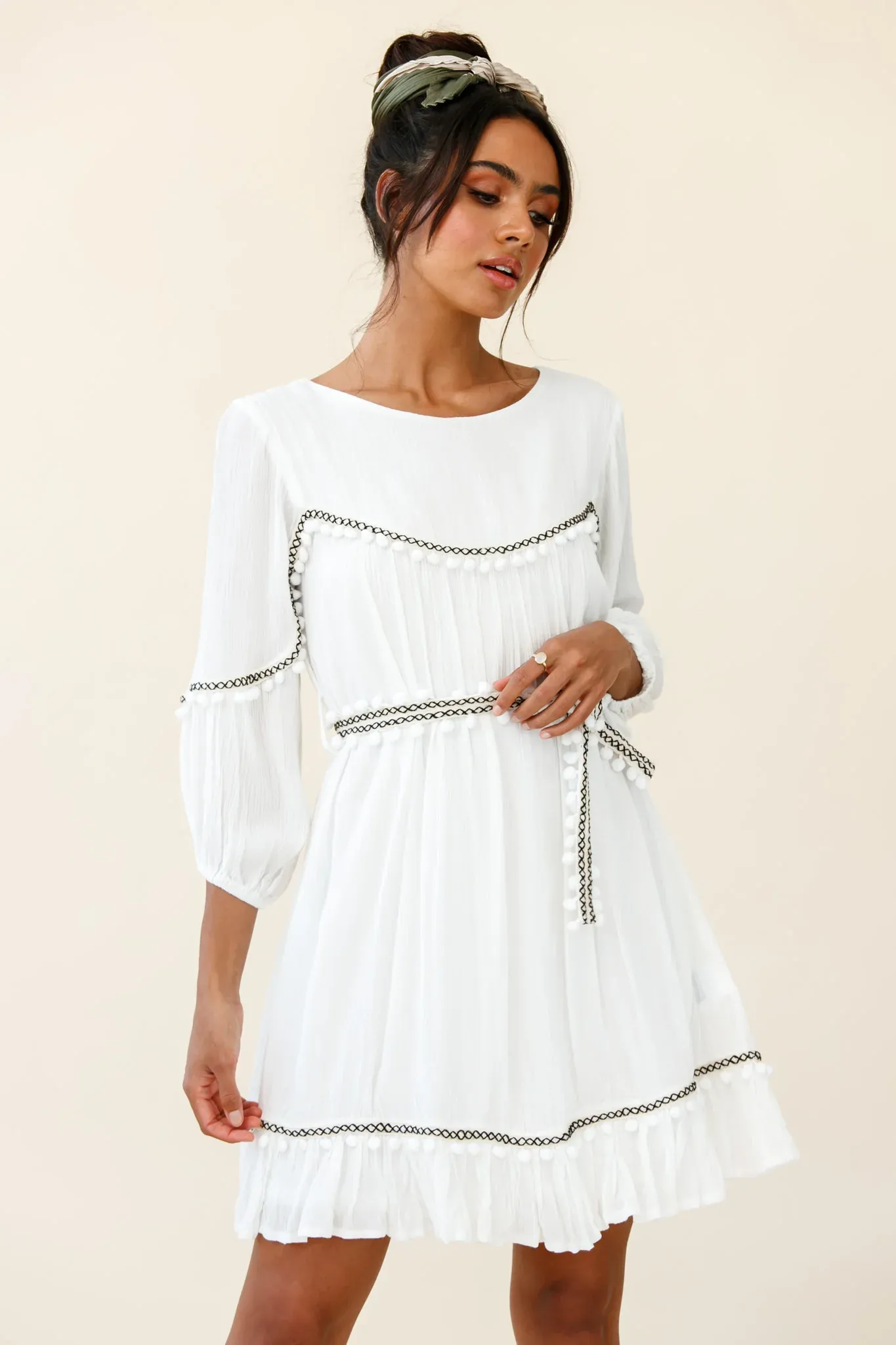 Marionette Three-Quarter Sleeve Pom-Pom Dress White