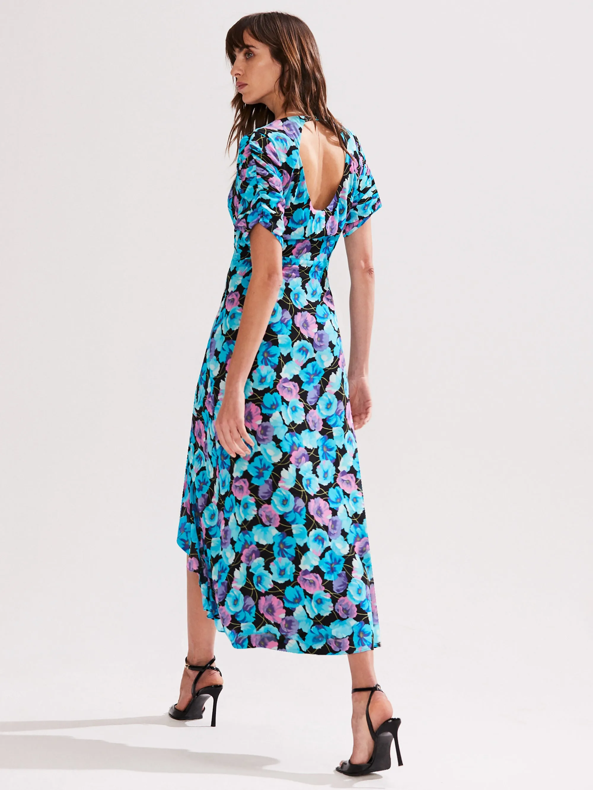 Mia Blue Floral Frill Front Midi Dress