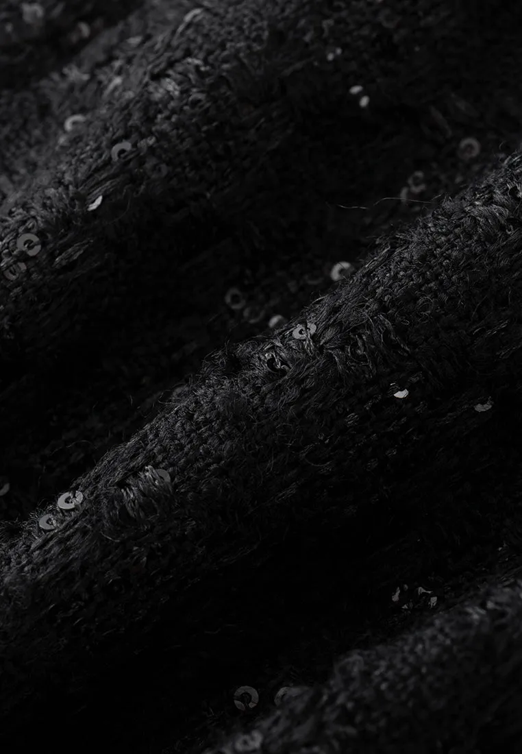 Midi-length Sequin-detail Contrasting-trim Houndstooth Tweed Dress