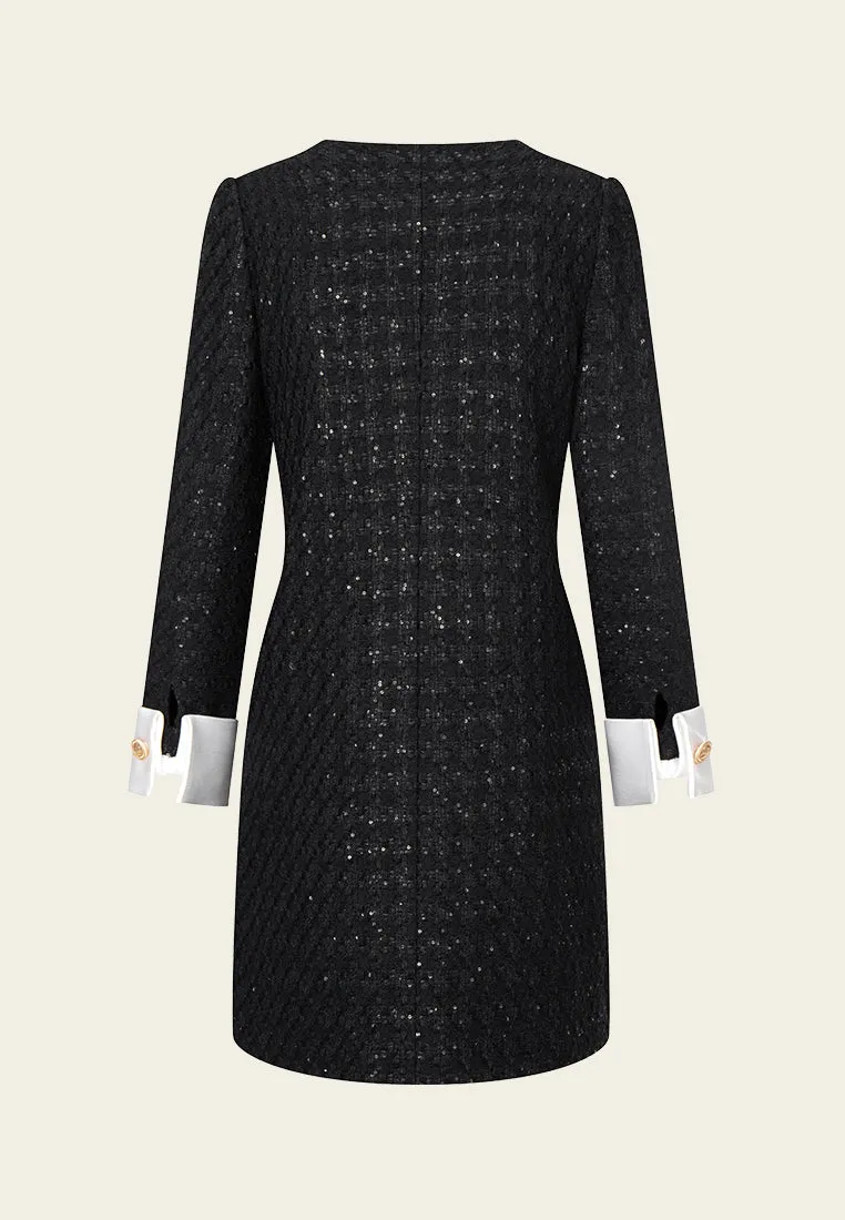 Midi-length Sequin-detail Contrasting-trim Houndstooth Tweed Dress