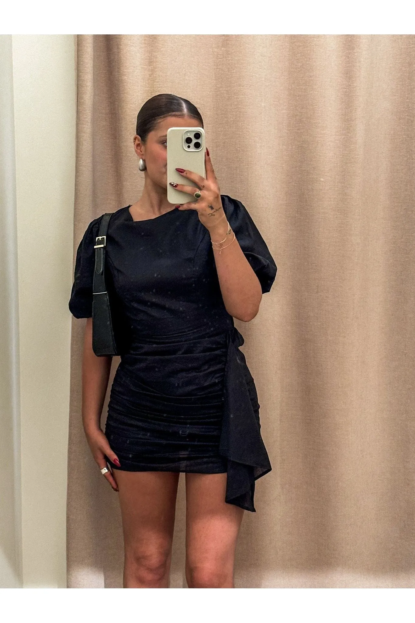 Midnight Charm Ruched Puff Sleeve Dress