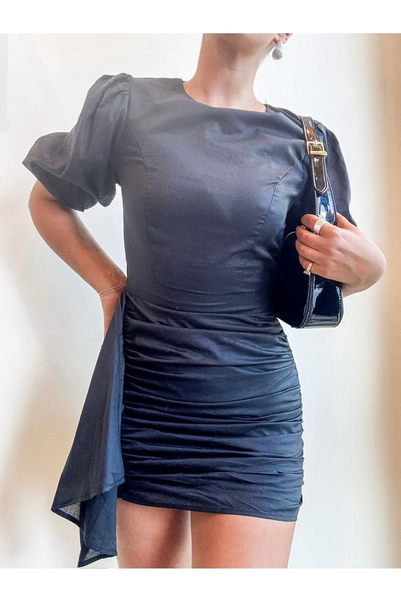Midnight Charm Ruched Puff Sleeve Dress