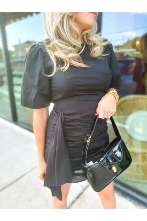 Midnight Charm Ruched Puff Sleeve Dress