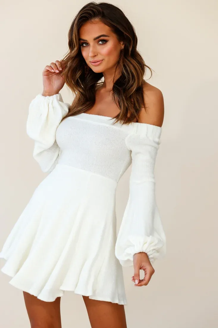 Morais Puff Sleeve Off the Shoulder Fit and Flare Sweater Dress Off White