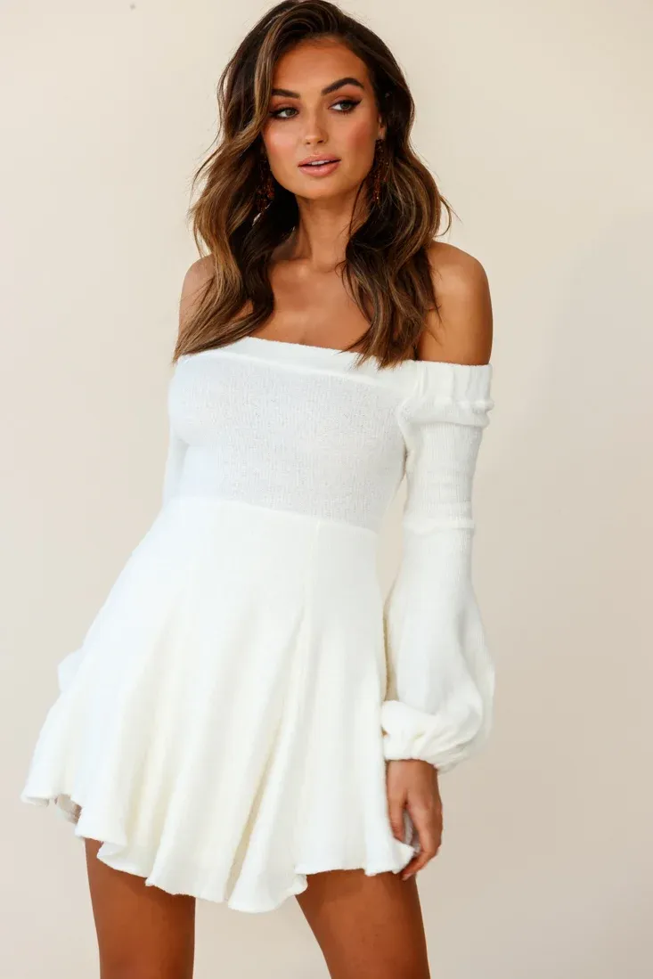 Morais Puff Sleeve Off the Shoulder Fit and Flare Sweater Dress Off White