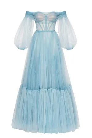 Ocean Wave Sheer Sleeves Maxi Tulle Dress