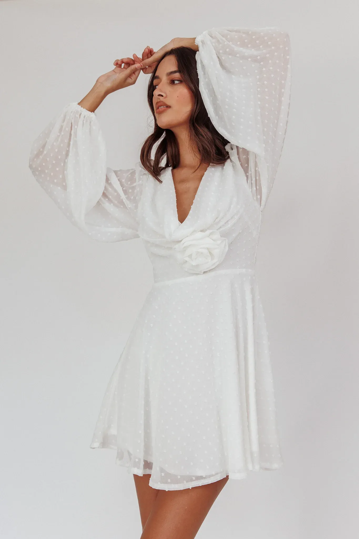 Open Heart Long Sleeve Rosette Mini Dress White