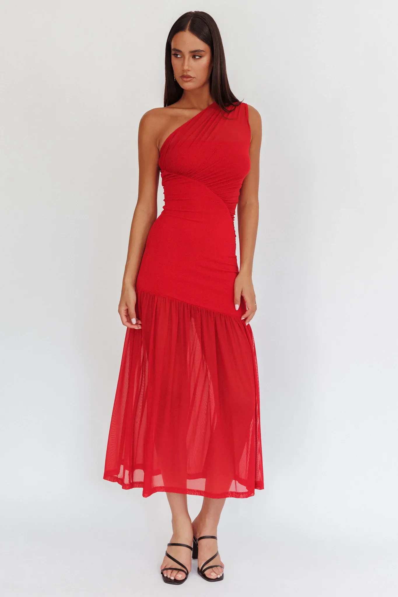Passion One-Shoulder Mesh Maxi Dress Red