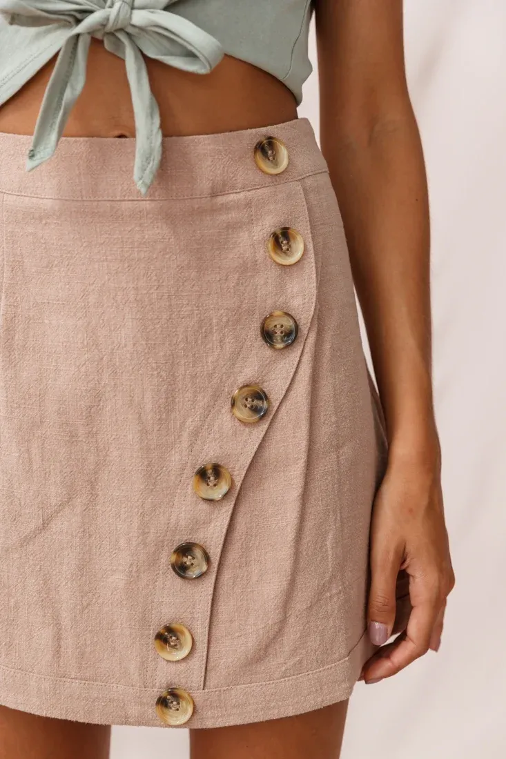 Pia Faux Placket Tortoise Shell Button Skirt Mocha