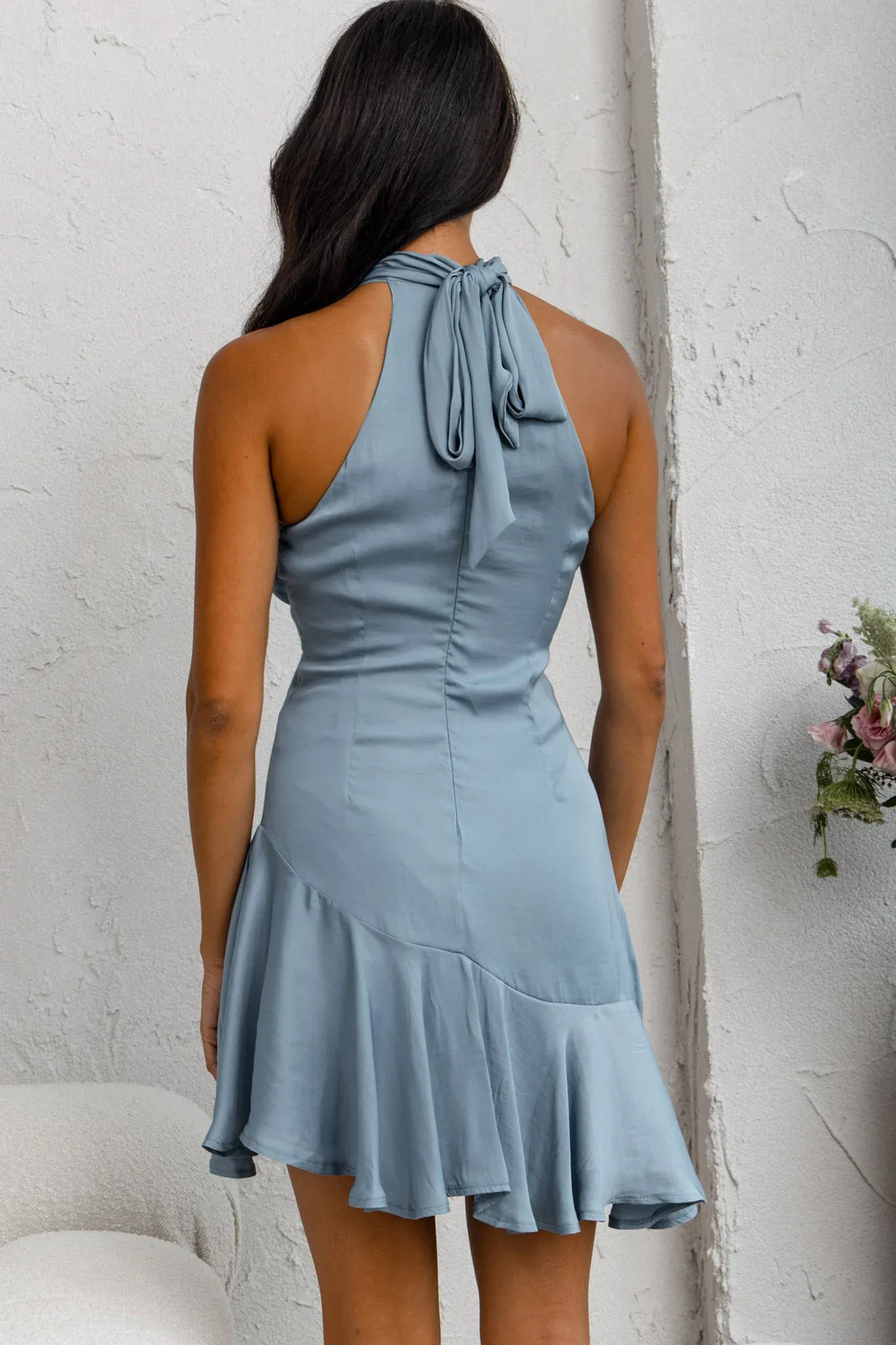 Promises Halterneck Fluted Hem Dress Forest Blue