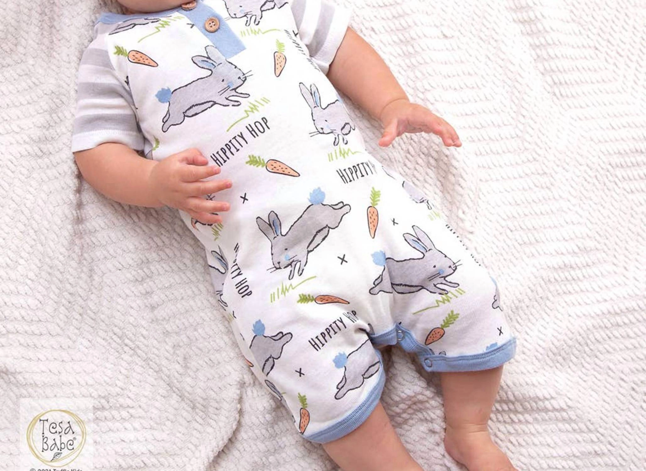 "easter Parade" Henley Shortie Romper For Baby Boys In Blue/ivory