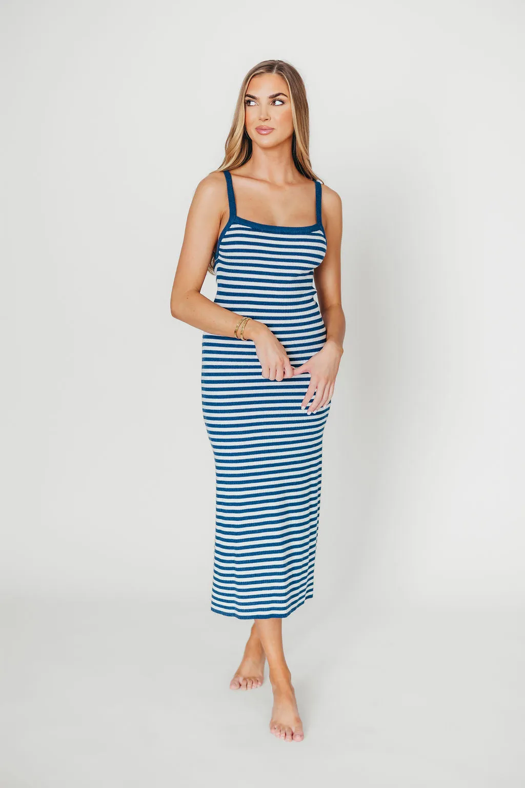 Rhode Striped Bodycon Midi Dress in Ivory/Navy