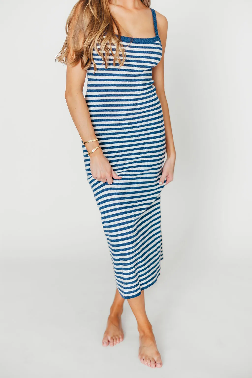 Rhode Striped Bodycon Midi Dress in Ivory/Navy