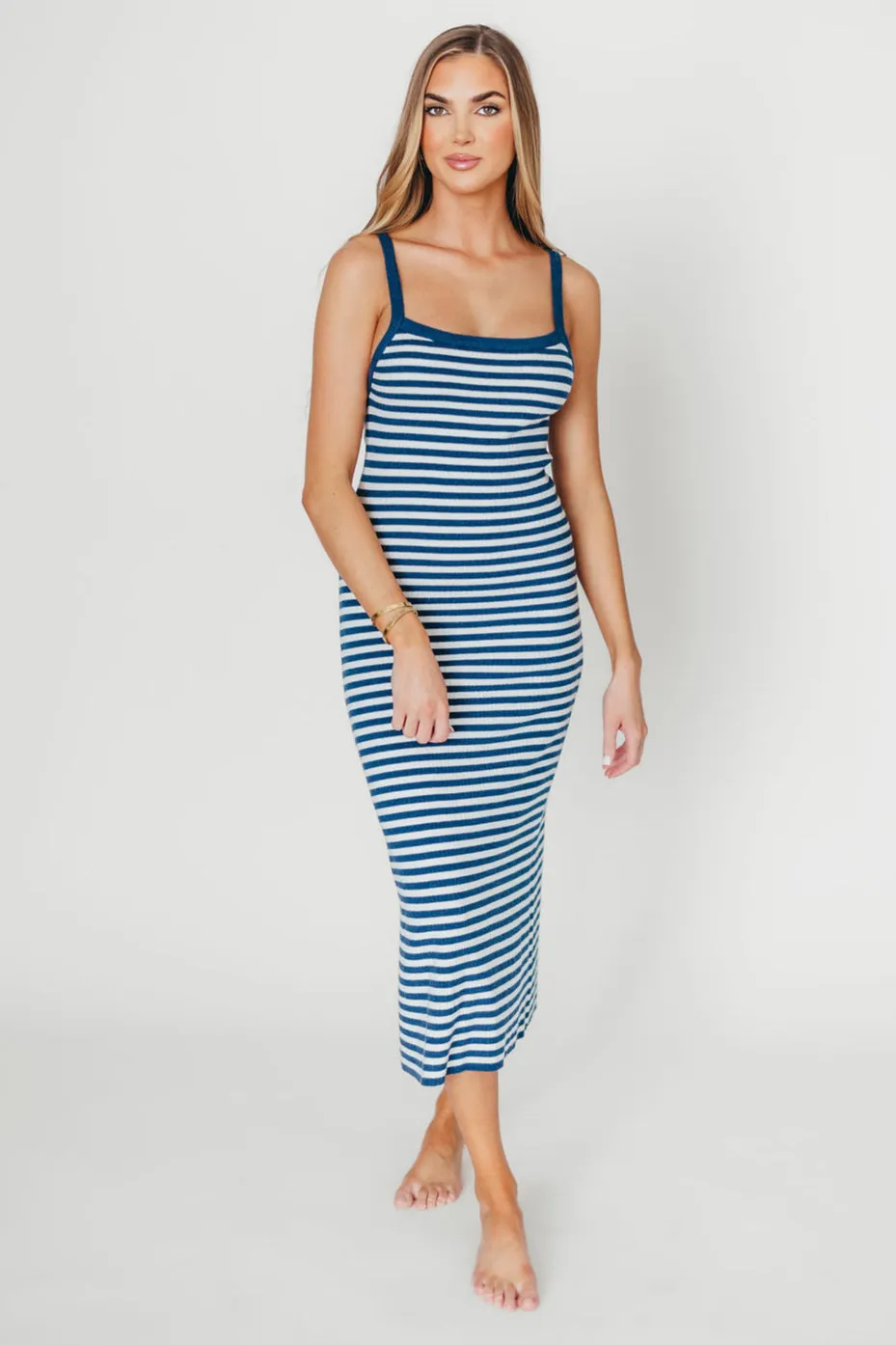 Rhode Striped Bodycon Midi Dress in Ivory/Navy