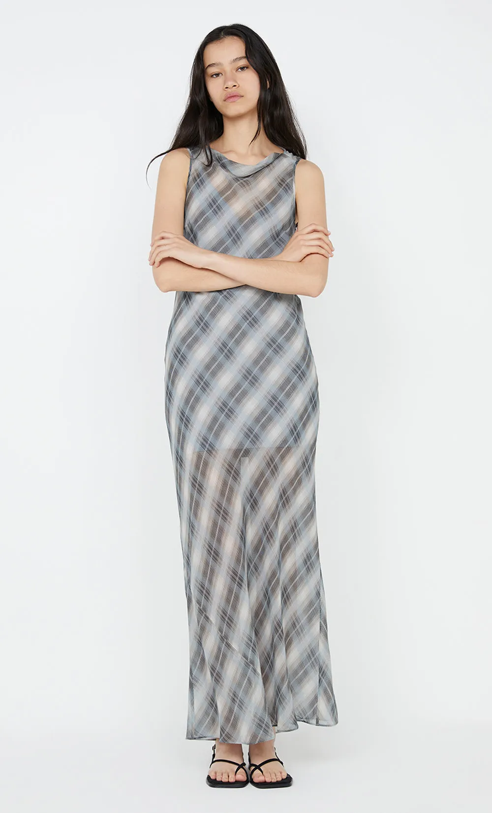 SEANNA BOAT NECK DRESS - STORM CHECK