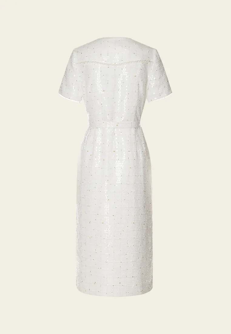 Sequined Lurex-detail Carved-button Belted Dress