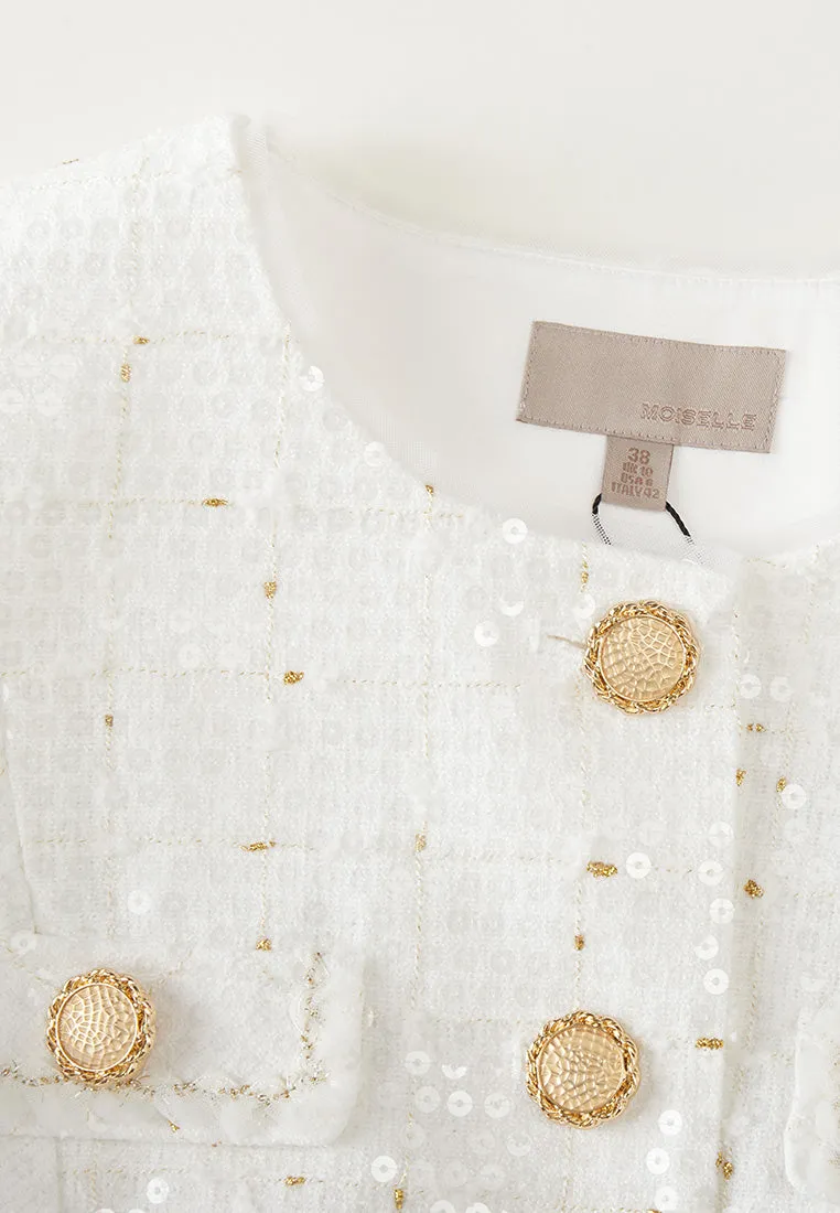 Sequined Lurex-detail Carved-button Belted Dress