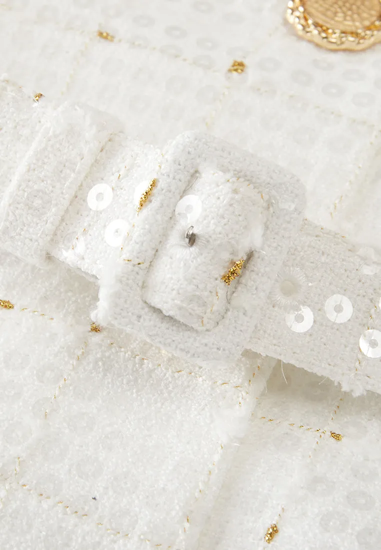 Sequined Lurex-detail Carved-button Belted Dress