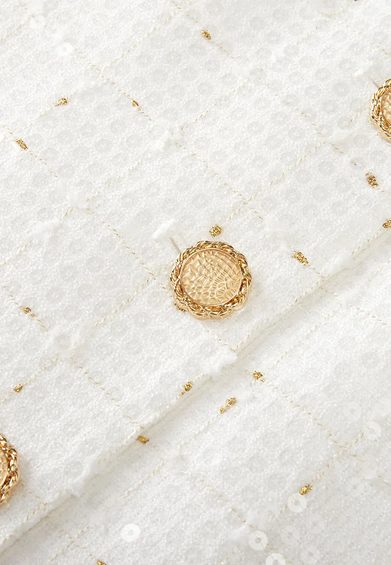 Sequined Lurex-detail Carved-button Belted Dress