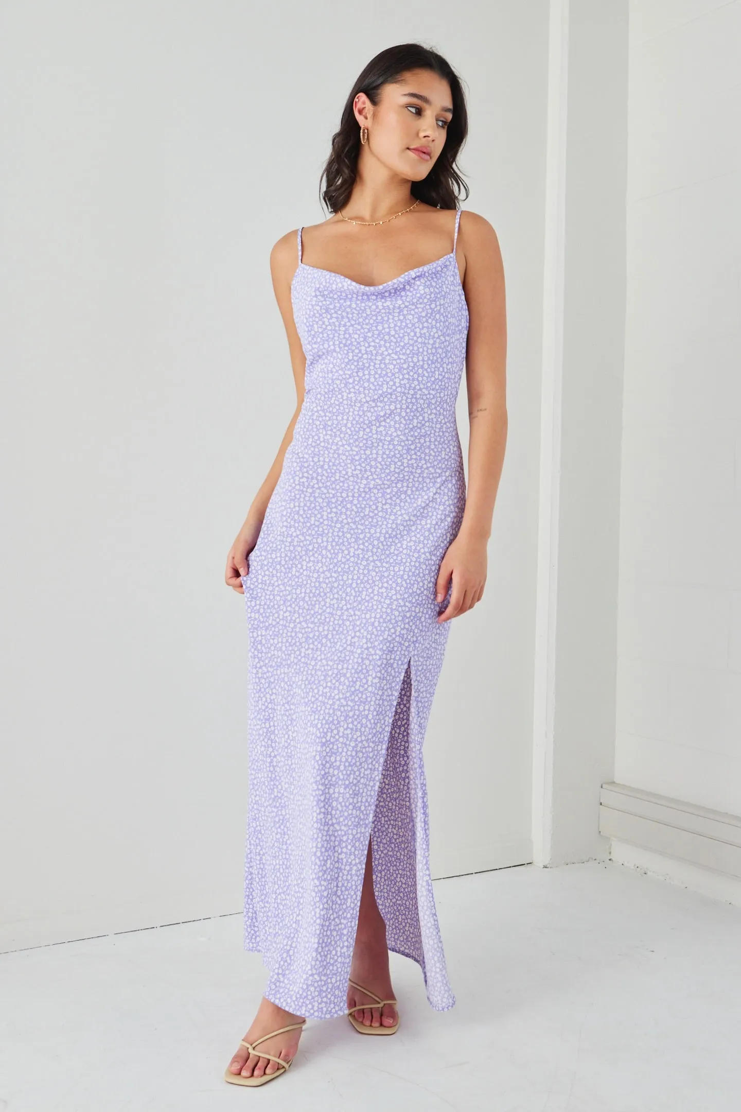 Showstopper Lilac Ditsy Strappy Bias Slip Dress