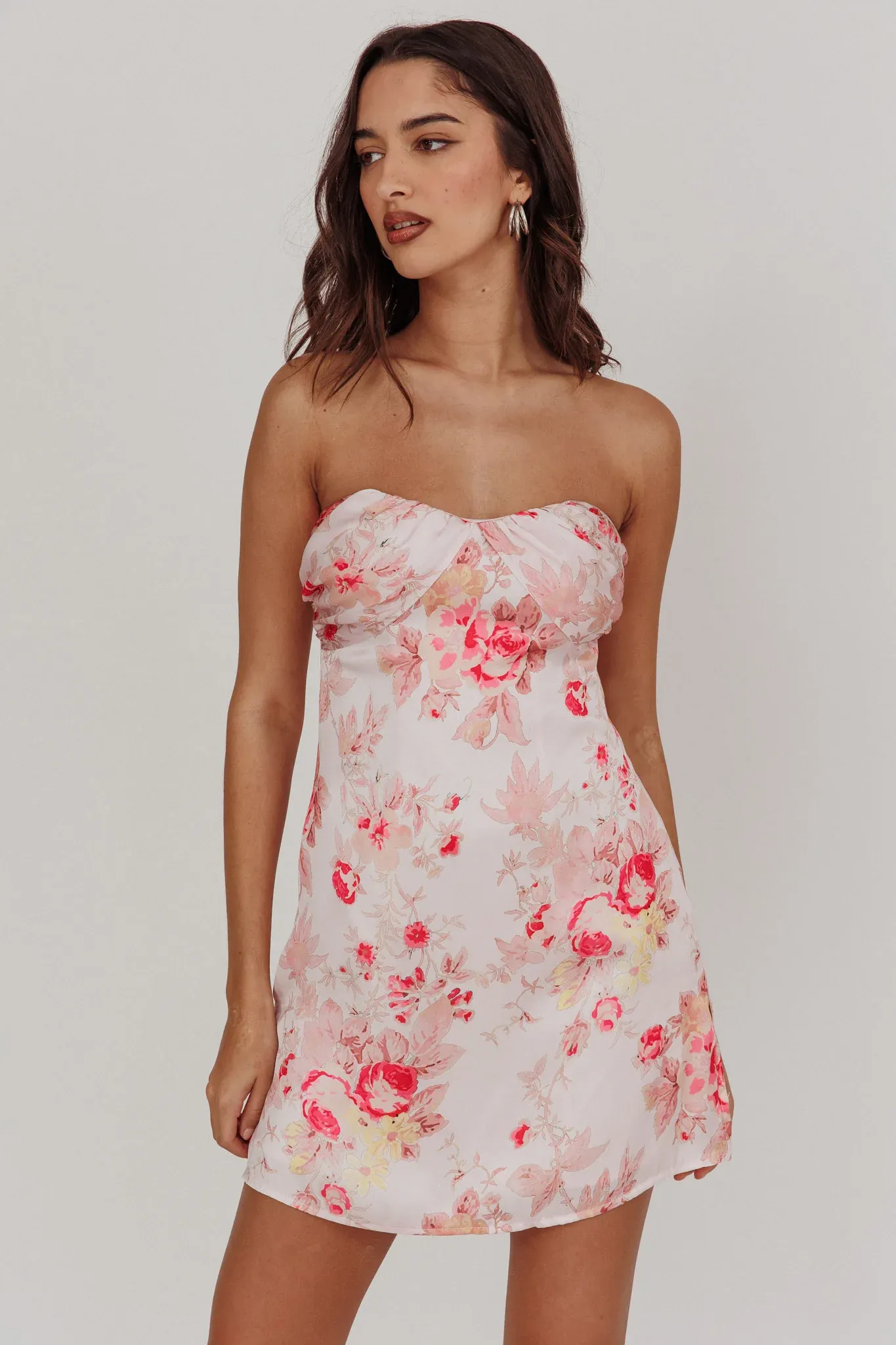 Sian Strapless Sweetheart Mini Dress Floral Pink