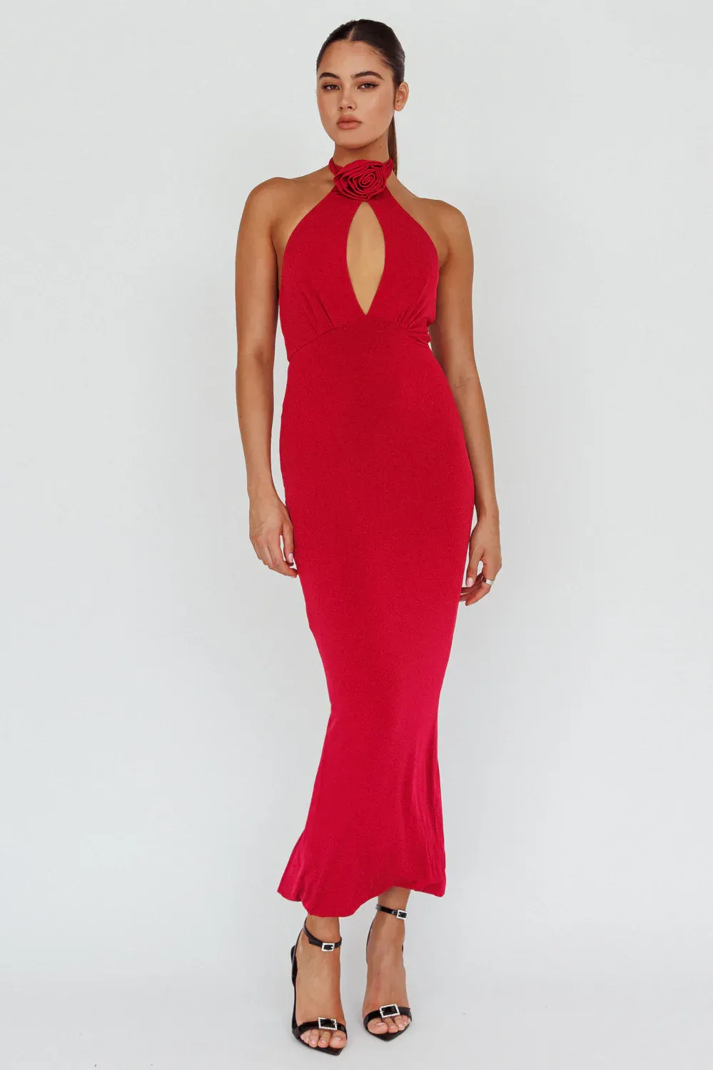 Simha Rose Halterneck Midi Dress Red