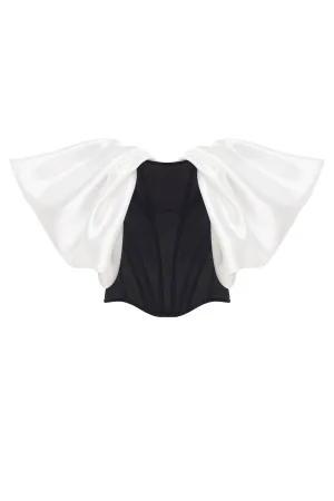 Sophisticated black fitted corset with white satin off-the-shoulder sleeves, Midnight Walk