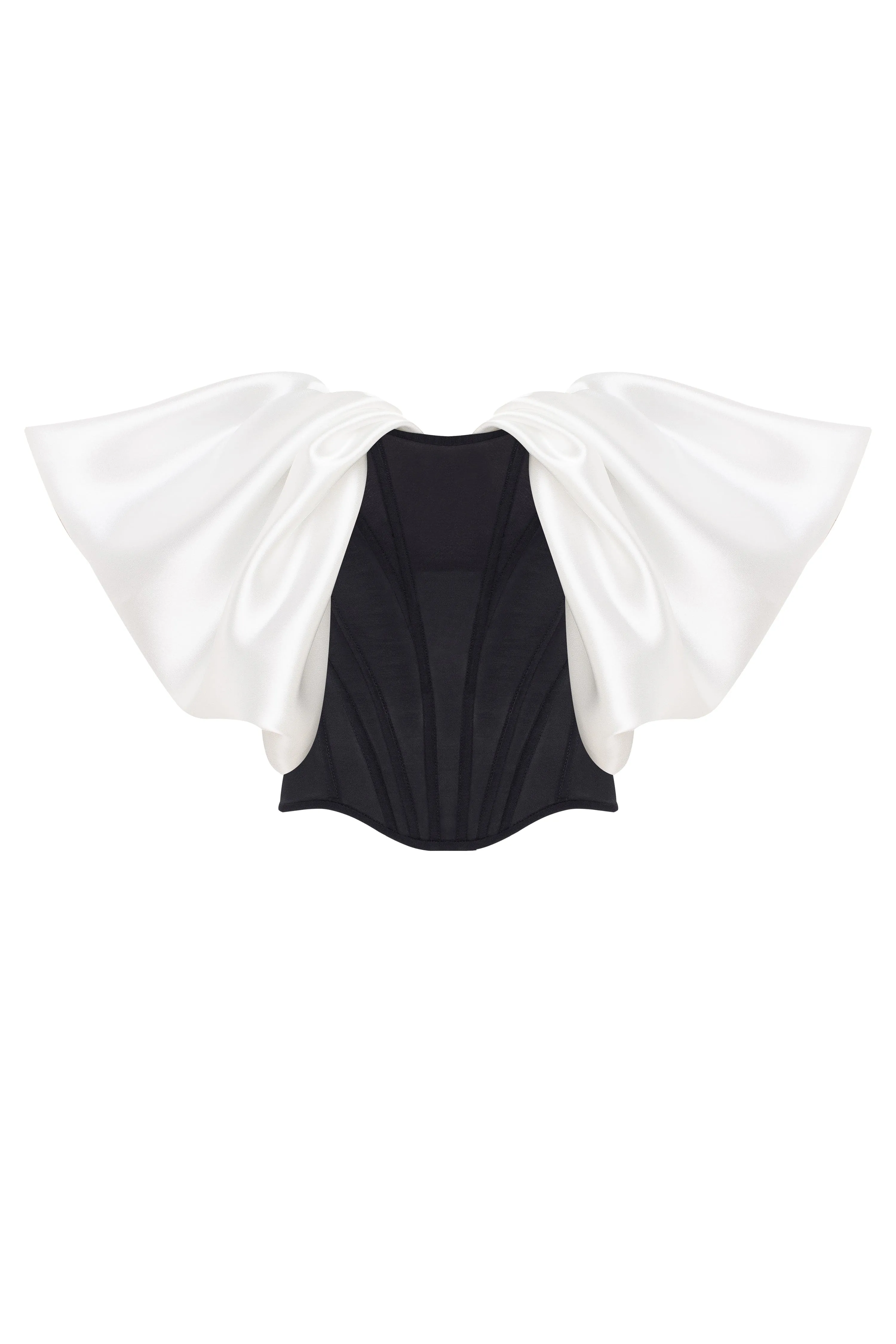 Sophisticated black fitted corset with white satin off-the-shoulder sleeves, Midnight Walk