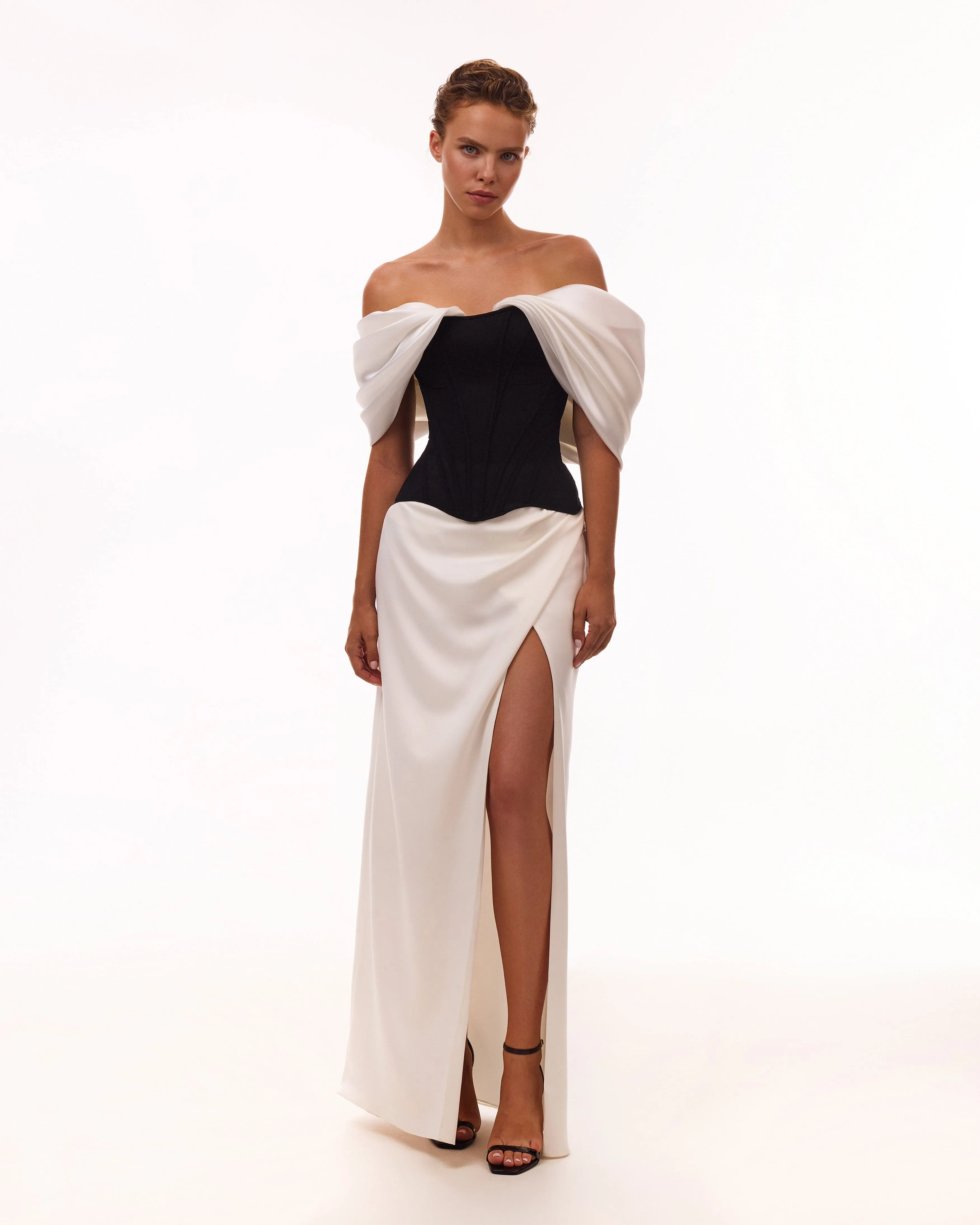 Sophisticated black fitted corset with white satin off-the-shoulder sleeves, Midnight Walk
