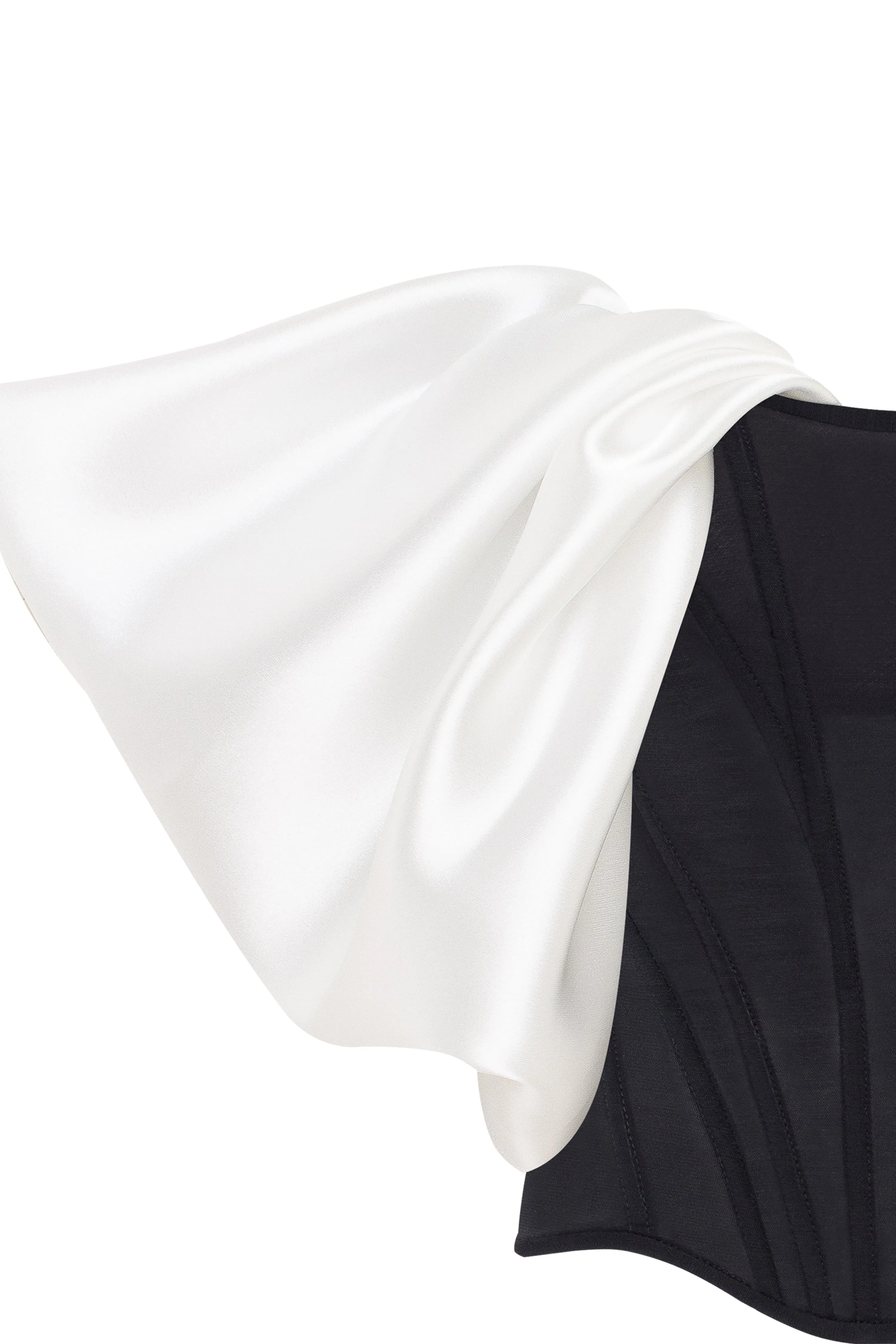 Sophisticated black fitted corset with white satin off-the-shoulder sleeves, Midnight Walk