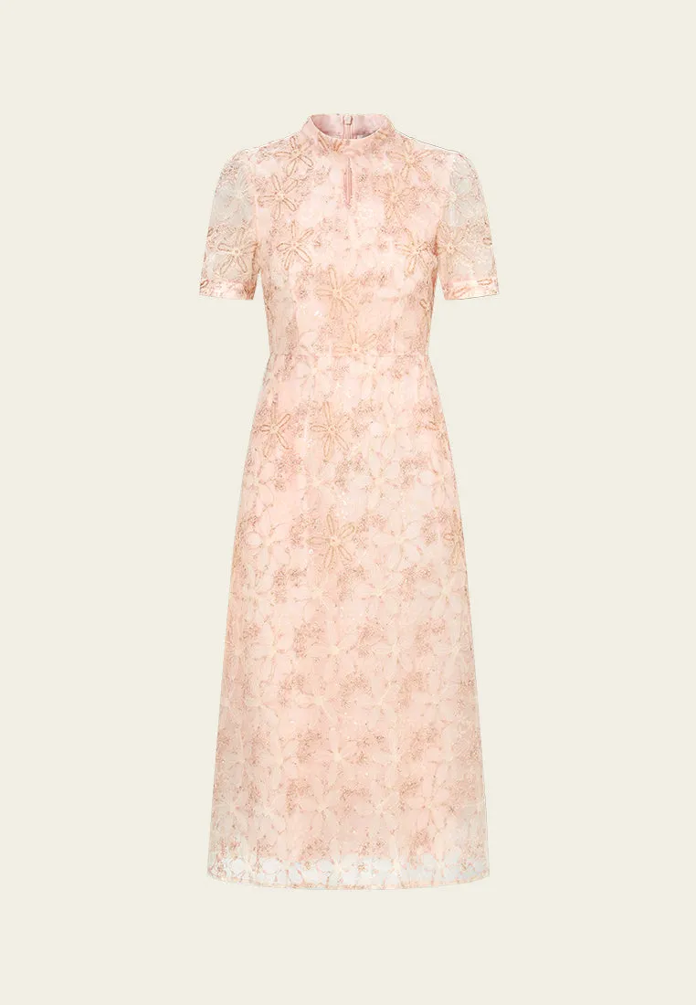 Stand-collar Oriental Embellished Embroidery Mesh Cheung Sham