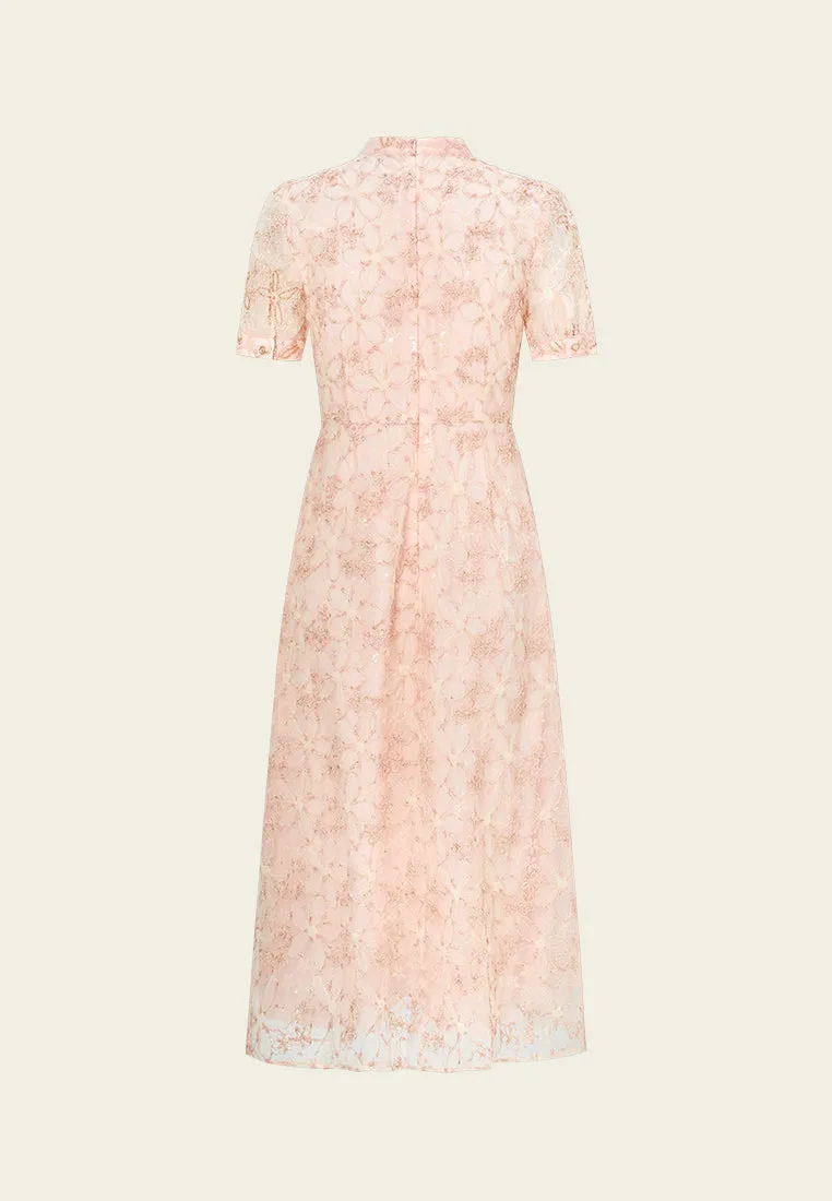 Stand-collar Oriental Embellished Embroidery Mesh Cheung Sham
