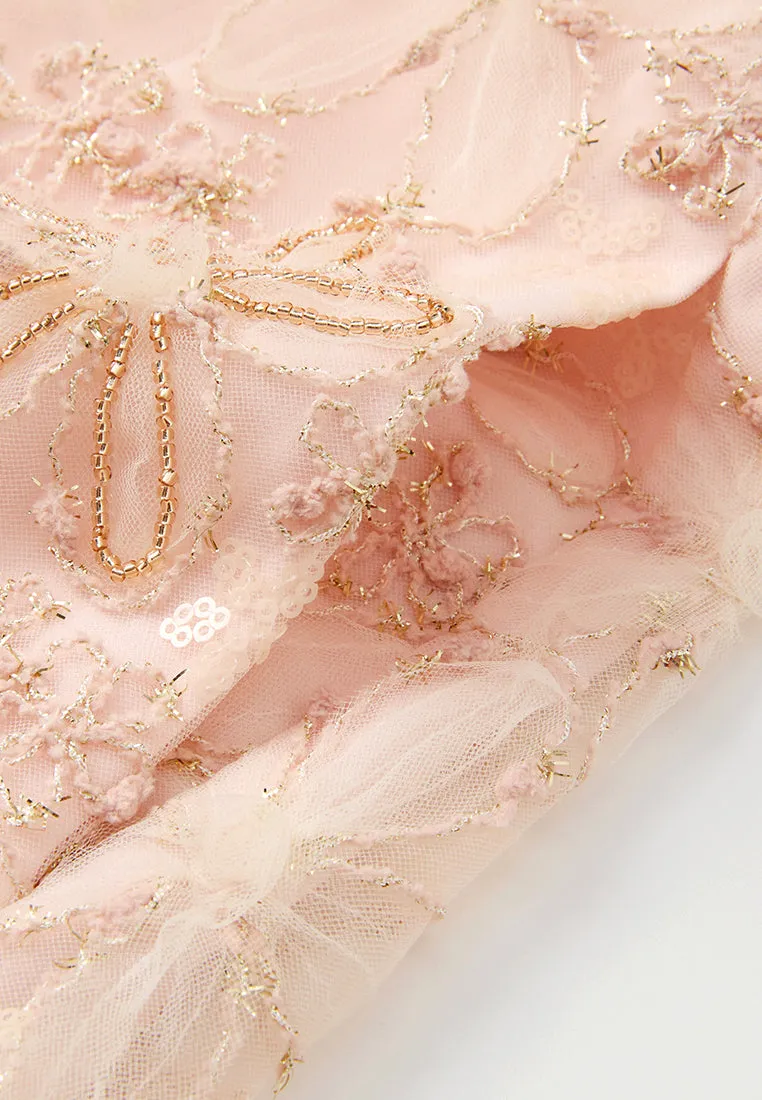 Stand-collar Oriental Embellished Embroidery Mesh Cheung Sham