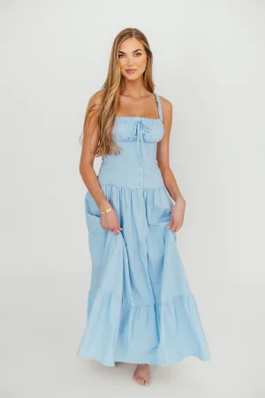 Sutton Corset Button Down Tiered Maxi Dress in Light Blue