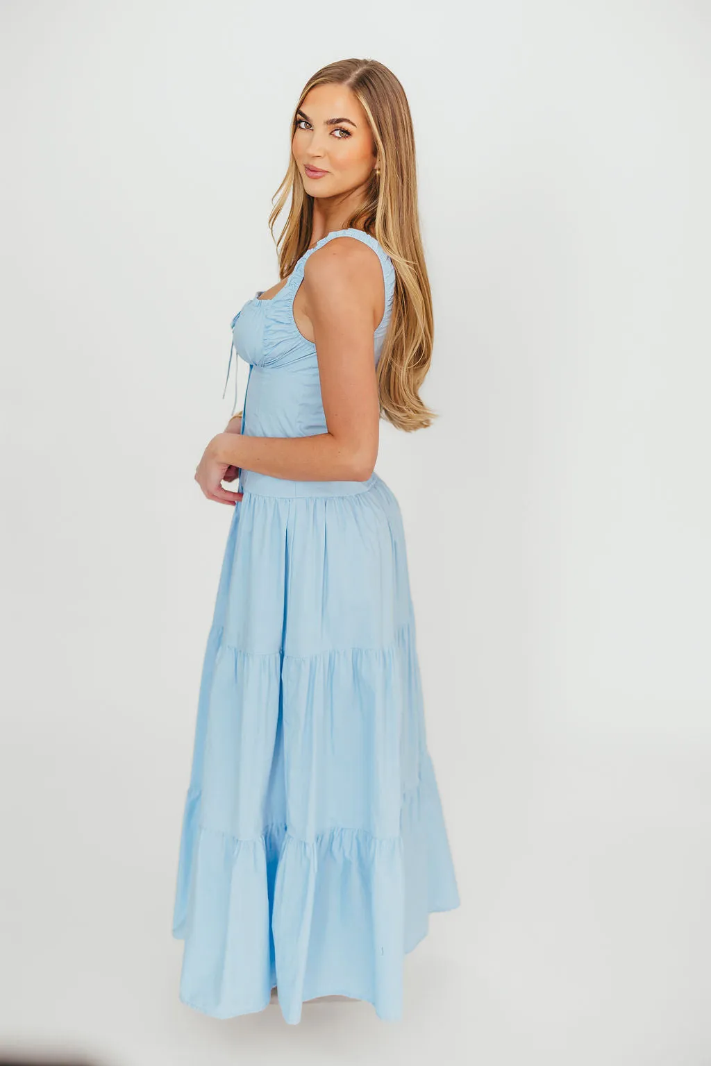 Sutton Corset Button Down Tiered Maxi Dress in Light Blue