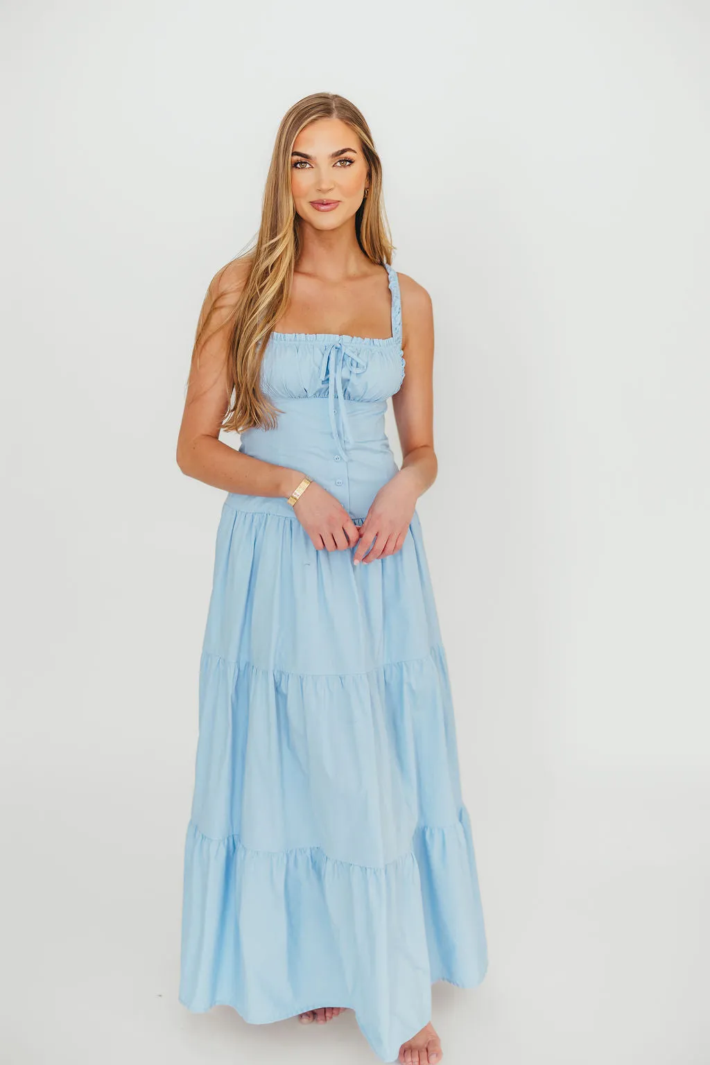 Sutton Corset Button Down Tiered Maxi Dress in Light Blue