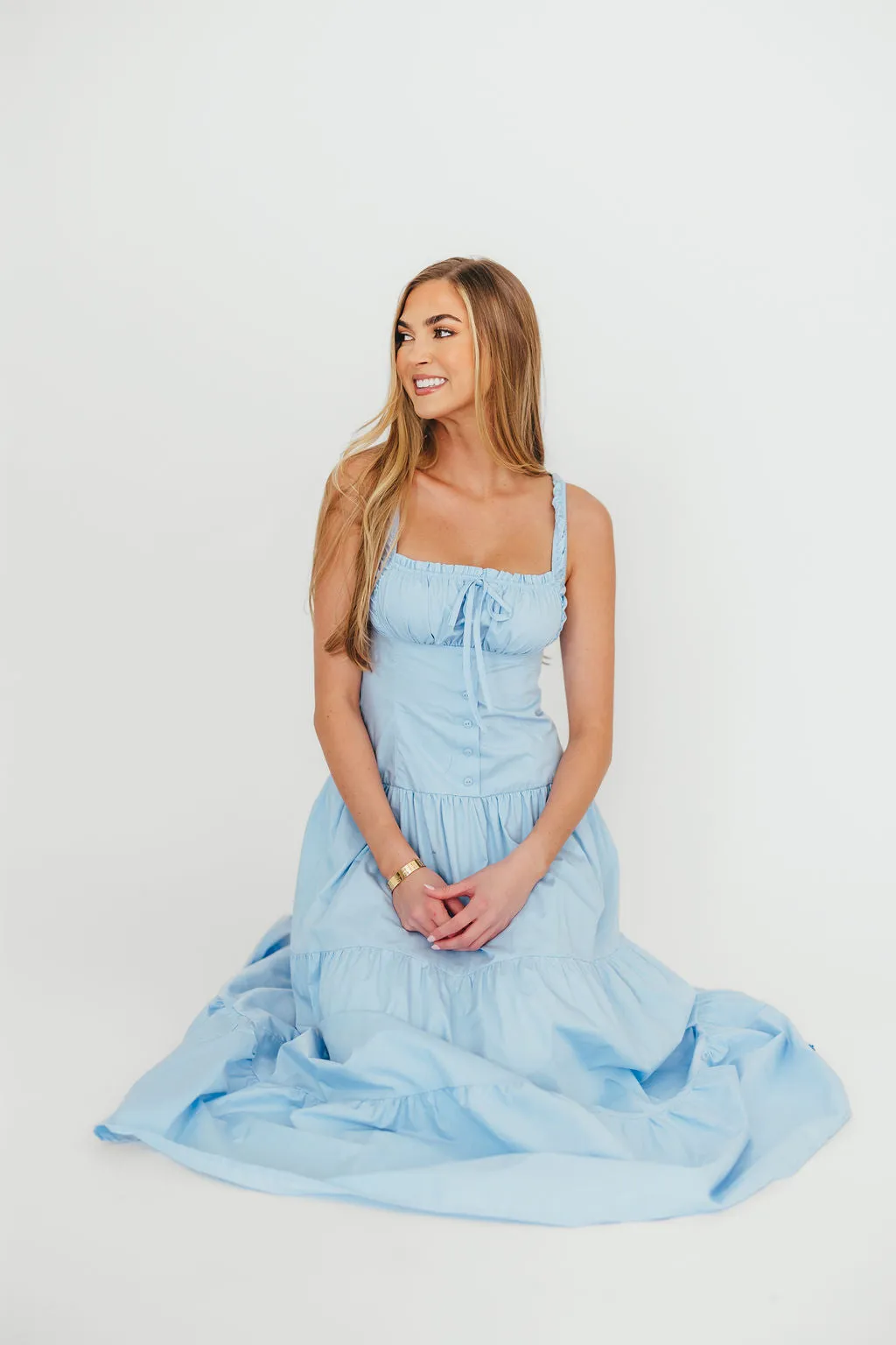 Sutton Corset Button Down Tiered Maxi Dress in Light Blue