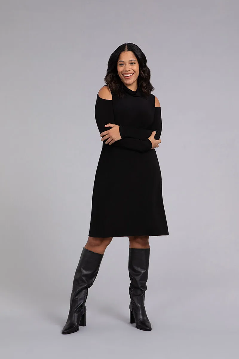 Turtle Neck Cutout Shoulder Dress | Black