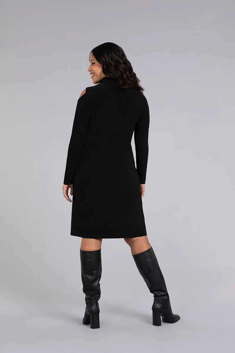 Turtle Neck Cutout Shoulder Dress | Black