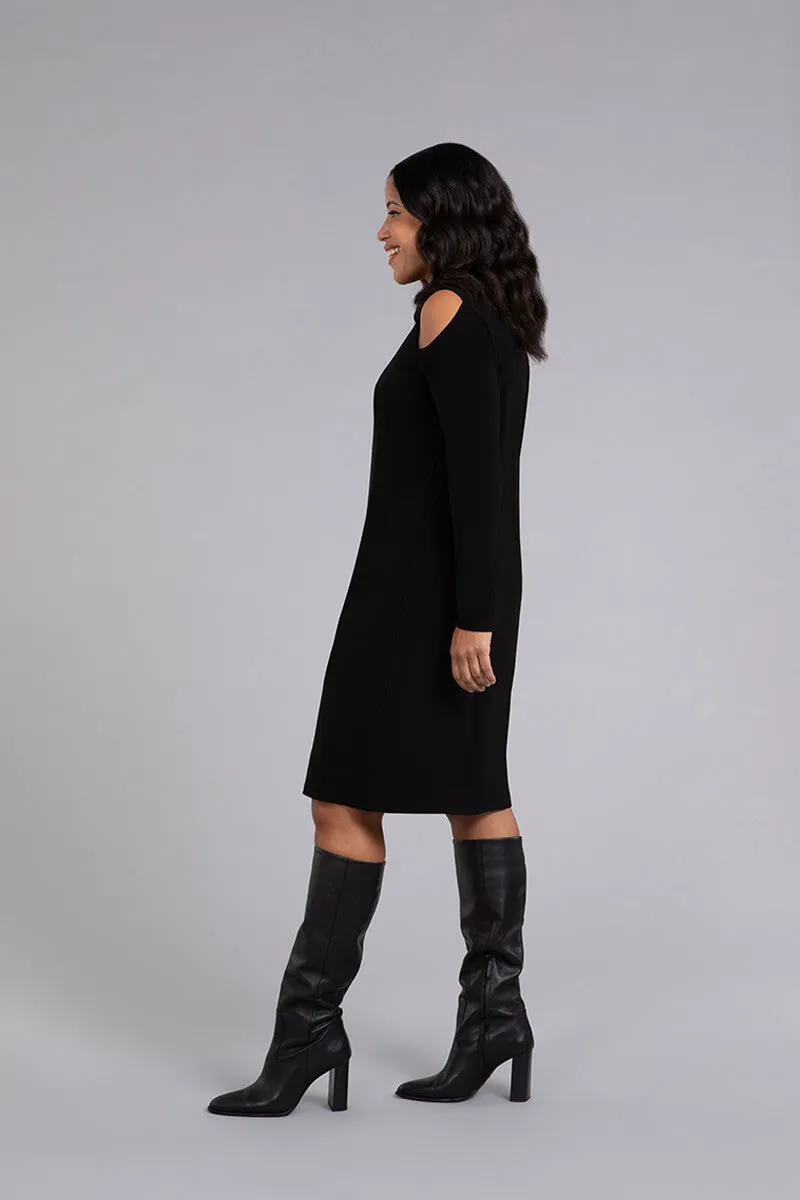 Turtle Neck Cutout Shoulder Dress | Black