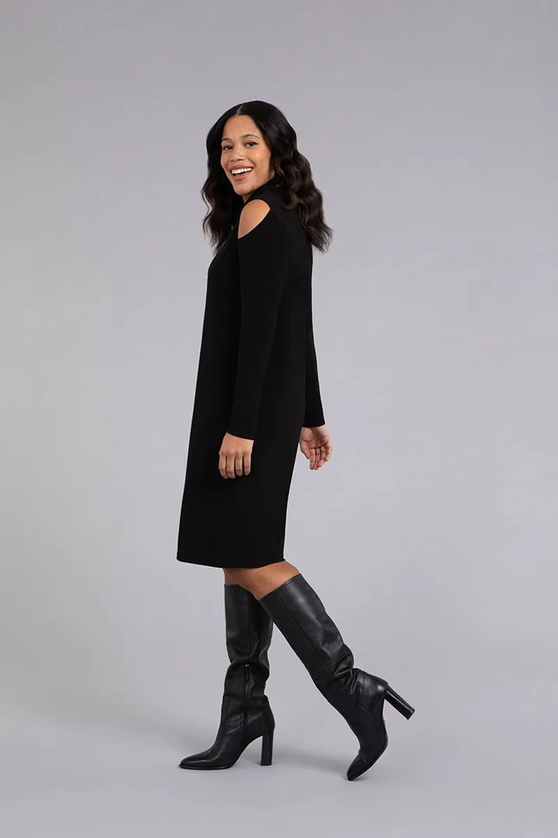 Turtle Neck Cutout Shoulder Dress | Black