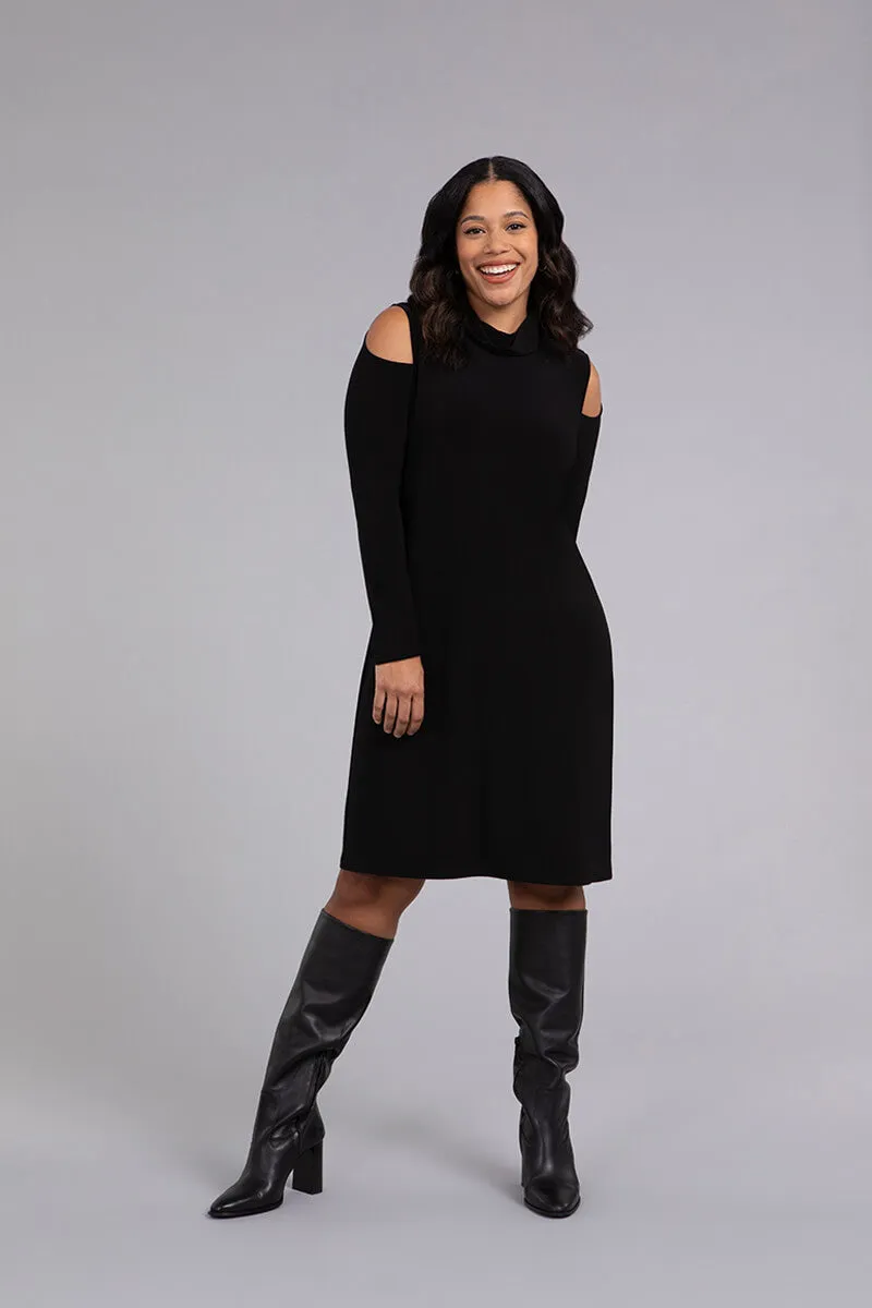 Turtle Neck Cutout Shoulder Dress | Black